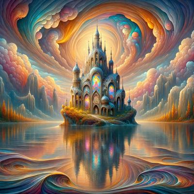 Primary subject: A castle on a lake
Setting/background: The castle is surrounded by a body of water, and there are clouds in the sky.
Visual style: The image is a digital art or illustration.
Colors and mood: The image has a vibrant and colorful atmosphere, with the castle and the lake creating a sense of wonder and fantasy.